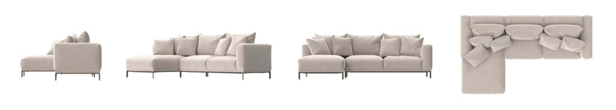 beige L shape sofa with a pillow on it isolated in multiple view.