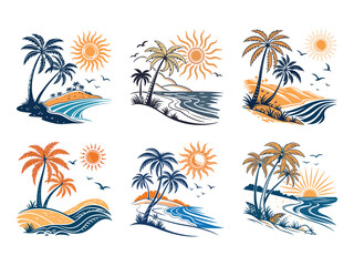 Vector illustrations of tropical landscapes featuring palm trees sunny skies and beaches