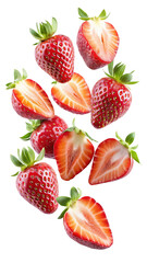 flying strawberries fruit and half slices isolated on transparent white background png, clipping path