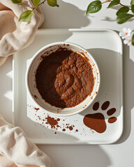 Creamy Brown Mixture in Dish Surrounded by Soft Fabric and Green Leaves on White Surface