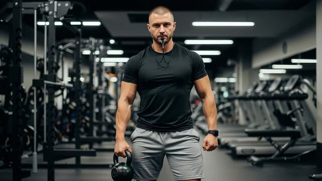 Confident gym coach poses with kettlebell and whistle ready to instruct athletes at the fitness center
