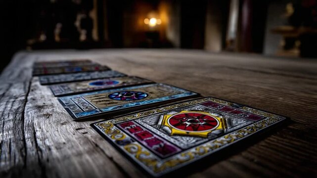 Tarot cards lie face up in a line across a textured, weathered, wooden table, ready for a reading. A soft light glows in the background, creating an ambiance