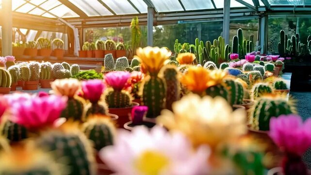 Blooming cacti plants in terra cotta pots inside greenhouse with colorful flowers and natural light streaming through, gardening