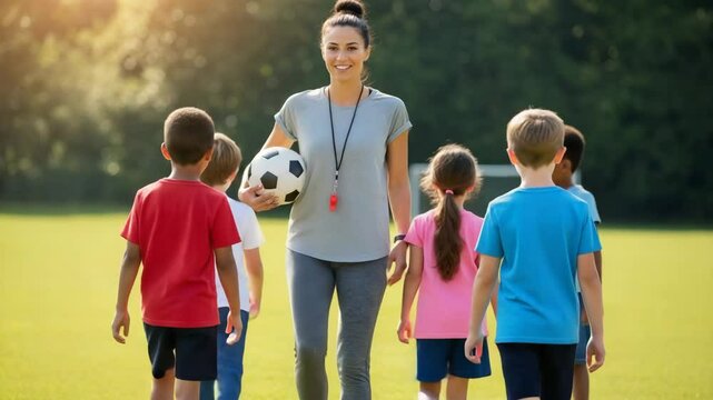 Smiling female soccer coach holds a ball and walks towards young players on a sunny green field at a youth sports camp - Powered by Adobe