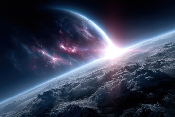 Fototapeta premium Cosmic view of a distant planet rising over a vibrant horizon at twilight in outer space