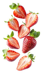 flying strawberries fruit and half slices isolated on transparent white background png, clipping path