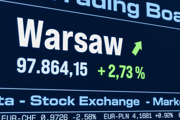 Warsaw stock index moving up. Rising Polish share prices, bull market, growth, investment, business, profit, stock market data. 3D illustration