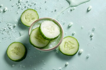fresh flat lay of cucumber slices and cooling gel on a tile background