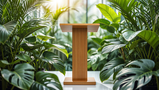 Wooden Podium in a Lush Tropical Garden Setting
