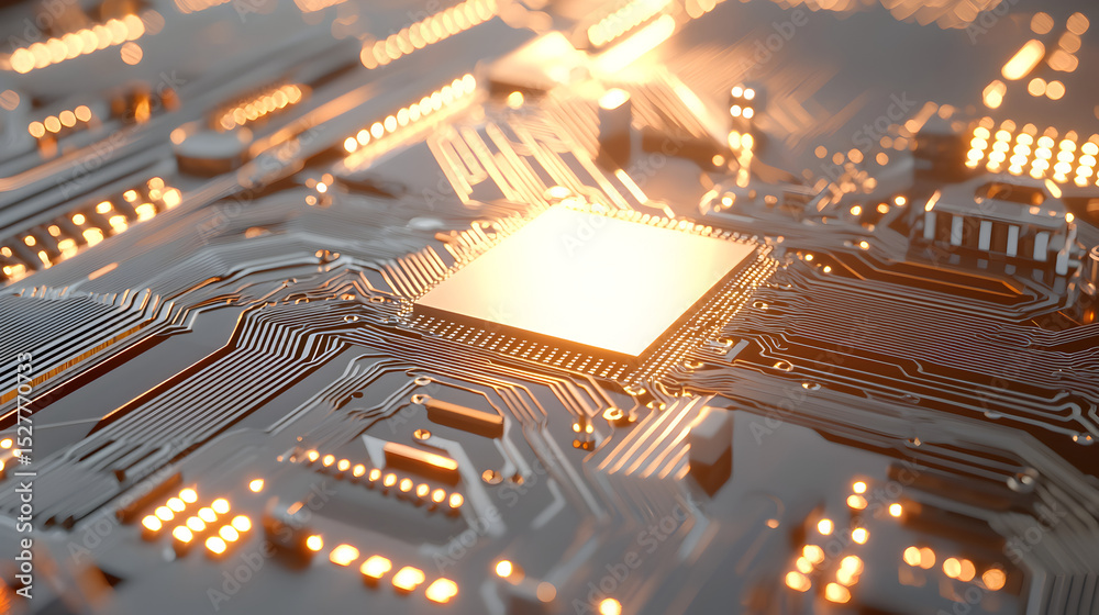 Poster a close-up view of a circuit board with illuminated components showcasing intricate pathways and a c