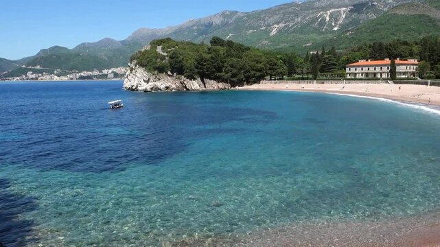 impressive Milocer beach on summer day, Budva Riviera, Montenegro coast. Panoramic
