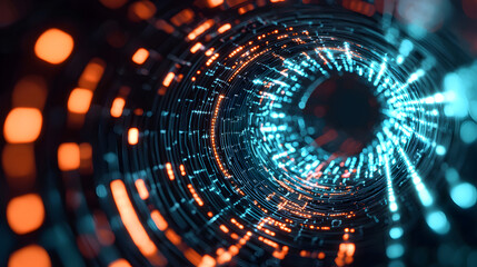 Obraz premium A mesmerizing abstract image depicting a swirling tunnel of bright blue and orange lights, creating a sense of depth and motion.