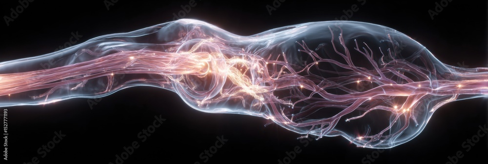Poster 3D Rendering of Optic Nerve and Eye Anatomy With Futuristic Glow Highlighting Nerve Structures and Connections