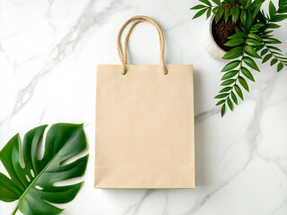Eco Friendly Beige Shopping Bag with Green Leaves and Plant