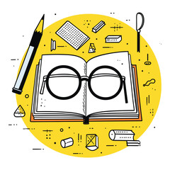 Magnifying Glass on Open Book with Stationery Illustration