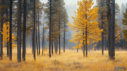 Fototapeta premium Misty morning in Yellowstone forest with sunlight streaming through tall pine trees and golden leaves, no people