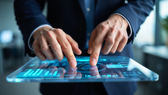 Businessman using futuristic transparent tablet with brain scan interface