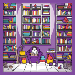 Colorful Home Library with Woman Reading in Armchair