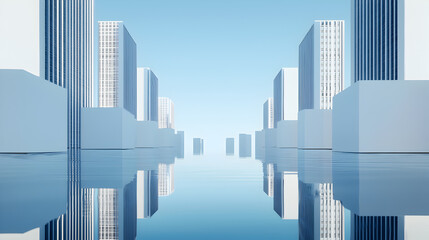 A serene cityscape featuring modern skyscrapers reflected in calm water under a clear blue sky.