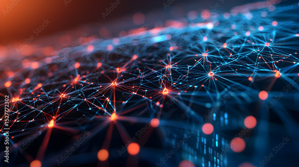 Poster a vibrant digital network visual depicting interconnected nodes and lines, representing data flow an