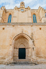 Grand Gothic Facade and Main Entrance of Ciutadella de Menorca Cathedral. Historic Spanish church, Mediterranean island, religious building, travel destination, architectural landmark