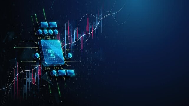 Lowpoly CPU Microchip Over Growing Stock Market Chart. Abstract animation loop depicting a growth in computing hardware industry. Rising prices of computer equipment animated concept by wireframe mesh