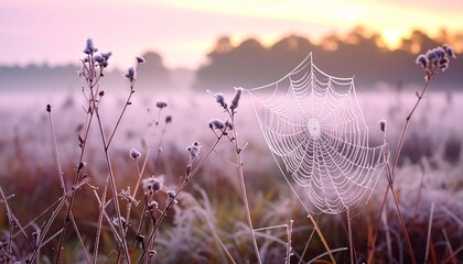 Frosted meadow under soft periwinkle light, gossamer webs catching the pale glow of an overcast morning 