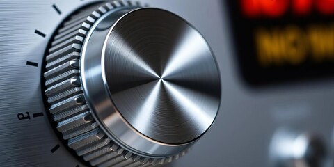 Close-up of a metallic volume knob, showcasing its textured surface and rotary dial,   retro,  scale
