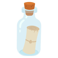 Message in bottle illustration. Vintage sealed scroll. Glass cork design