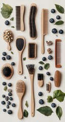 A top-down view of various natural hairbrushes and combs, arranged symmetrically on a light background, surrounded by blueberries and leaves