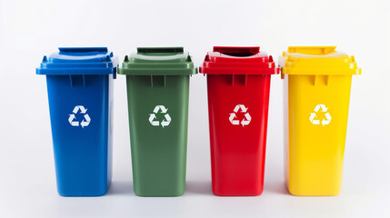 Four different colored red, yellow, blue, green Recycling Bin on same line with recycle logo isolated on clean white background