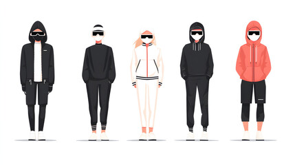 Stylish Individuals in Masks: Five diverse individuals, each exuding unique style, stand in a row, each wearing a fashionable mask and stylish contemporary clothing.