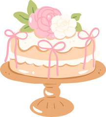 Illustration of Layered Cake with Flowers and Ribbons