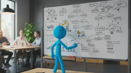 Animated character presents business strategy on whiteboard in modern office to team members - Powered by Adobe