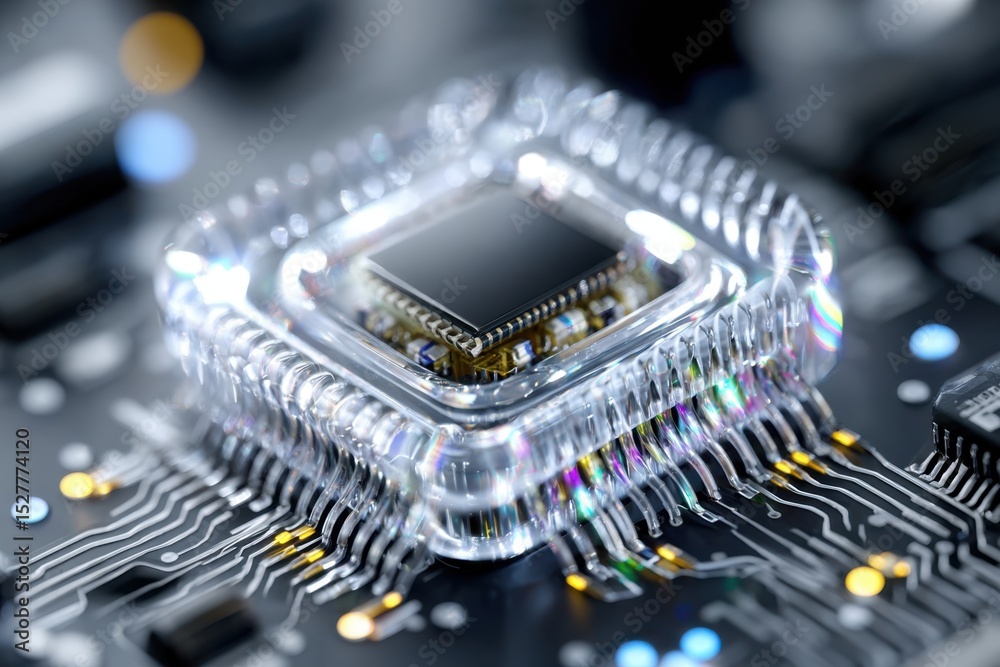 Poster close-up view of a transparent microchip on a circuit board showcasing intricate details