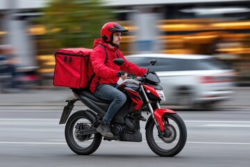 Fast Motorcycle Delivery Rider in City Traffic Wearing Red Jacket and Helmet