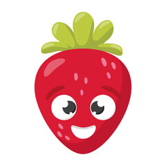 Obraz premium Cartoon strawberry with smiling face and green leaves isolated on white background, vector fruit character illustration.