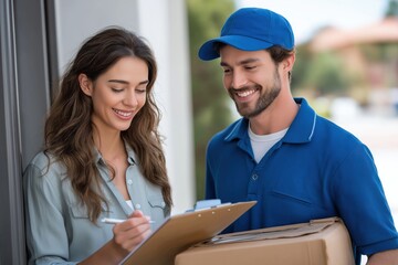 Happy customer signing delivery receipt from friendly courier, package arrival home, doorstep delivery service