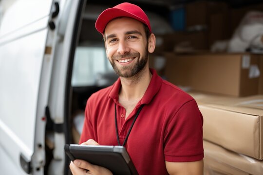 Happy Delivery Driver Using Tablet Near Van Full of Packages Smiling at Camera