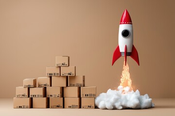 Expedited Delivery Concept with Rocket Launch and Shipping Boxes