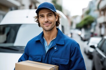 Friendly Delivery Driver Holding Package Smiles Outdoors Near Van