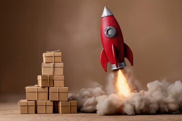 Rapid Package Delivery: Rocket Launch Alongside Stacked Boxes