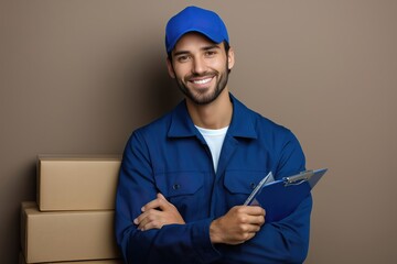 Happy Delivery Man Holding Clipboard Near Cardboard Boxes, Smiling Courier Service, Professional Logistics