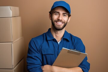 Happy Delivery Man Holding Clipboard Near Cardboard Boxes Smiling at Camera