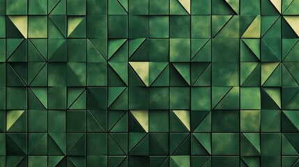Abstract geometric pattern of dark green and light green triangles and squares