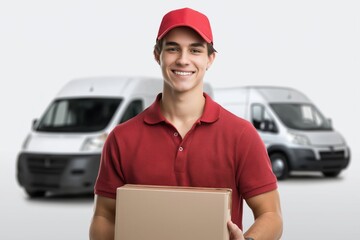 Happy delivery man holding a package smiling near delivery vans showcasing reliable express shipping service