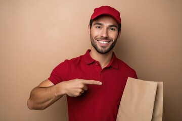 Happy delivery man in red uniform points at a brown paper bag ready for order pickup or delivery service