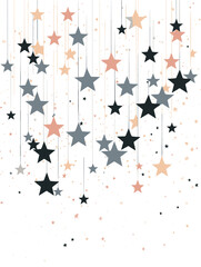 Hanging Black and Gold Stars on White Background with Sparkles