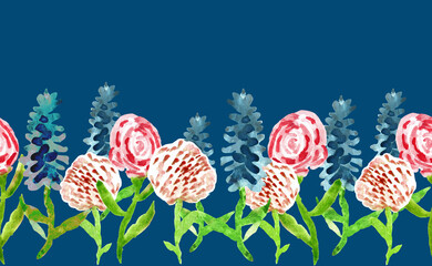 Watercolor seamless floral border with wildflowers in baby naive style isolated on blue background. Naive children style for printing, cover, reusable package, wrapping paper. 