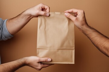 Fast Package Handover: Hands Presenting a Brown Bag